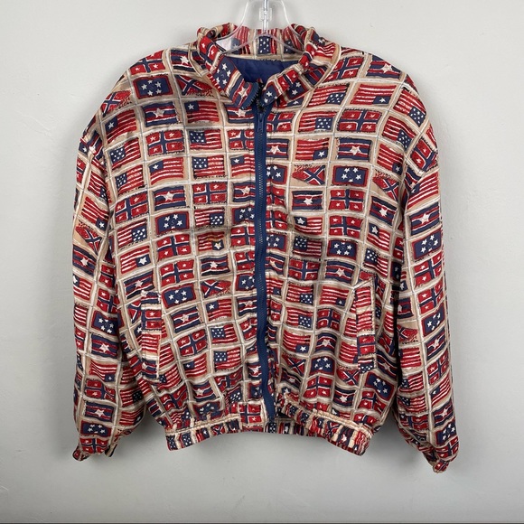 VINTAGE Bogari Silk Bomber Zip-up USA Patriotic Jacket Size Medium - Picture 2 of 7